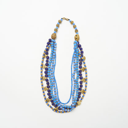 African Multi Bead Waterfall Necklace - Dark Blue