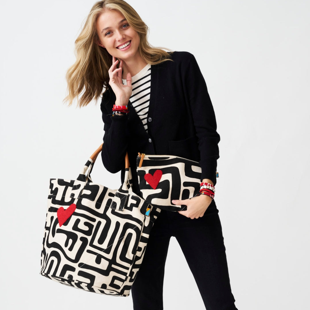 Weekender Bag - Black Kuba with Red Beaded Heart