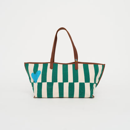 Shoulder Tote - Emerald Columns with Aqua Beaded Heart