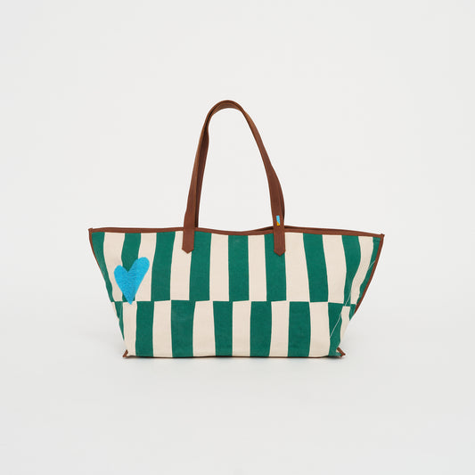 Shoulder Tote - Emerald Columns with Aqua Beaded Heart