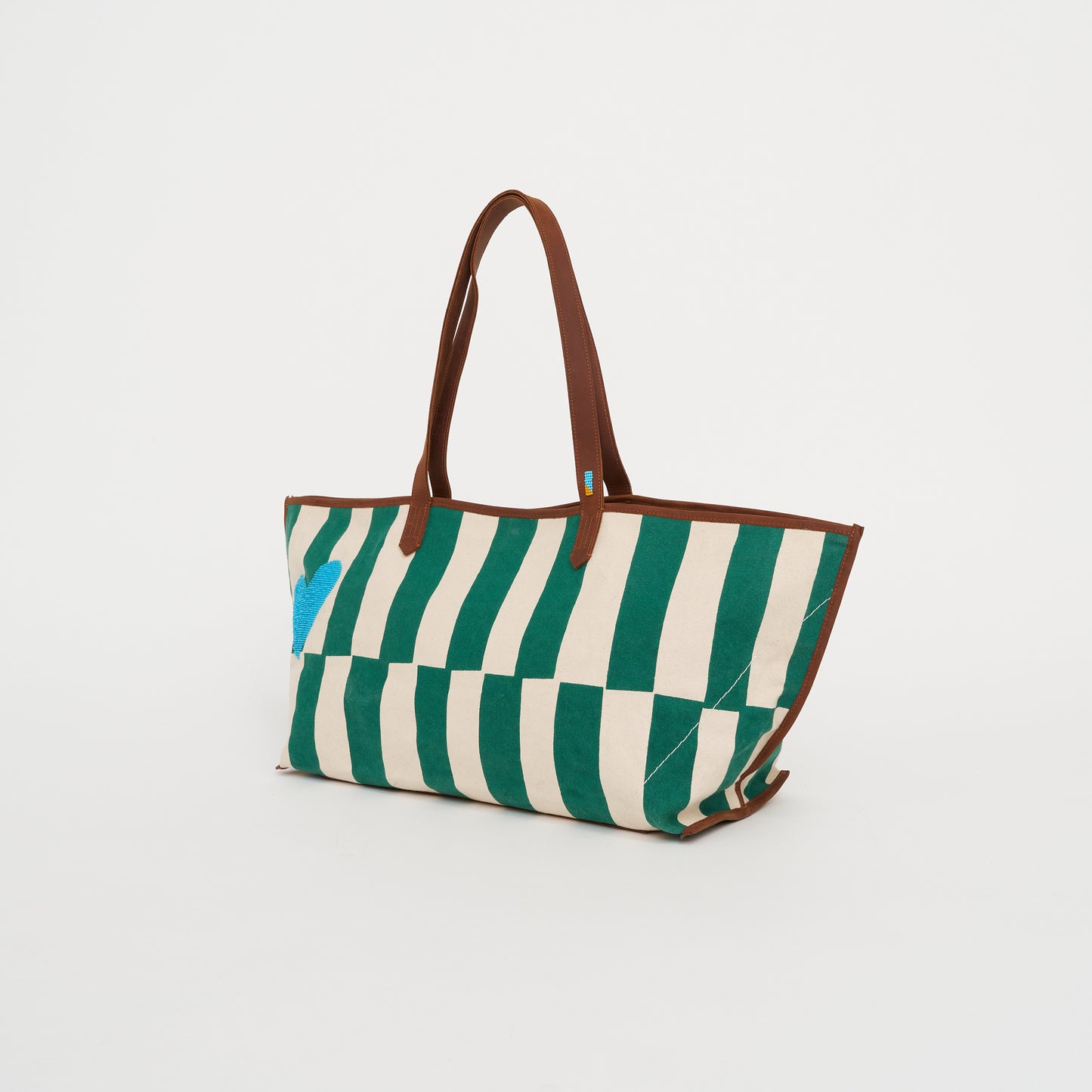 Shoulder Tote - Emerald Columns with Aqua Beaded Heart