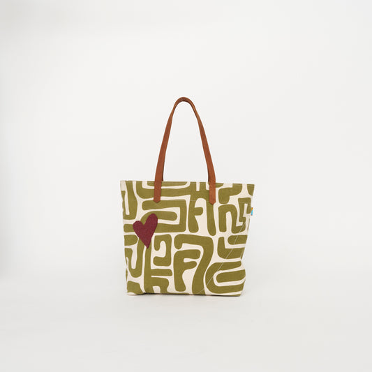 Go-To Tote - Moss Kuba with Brown Beaded Heart