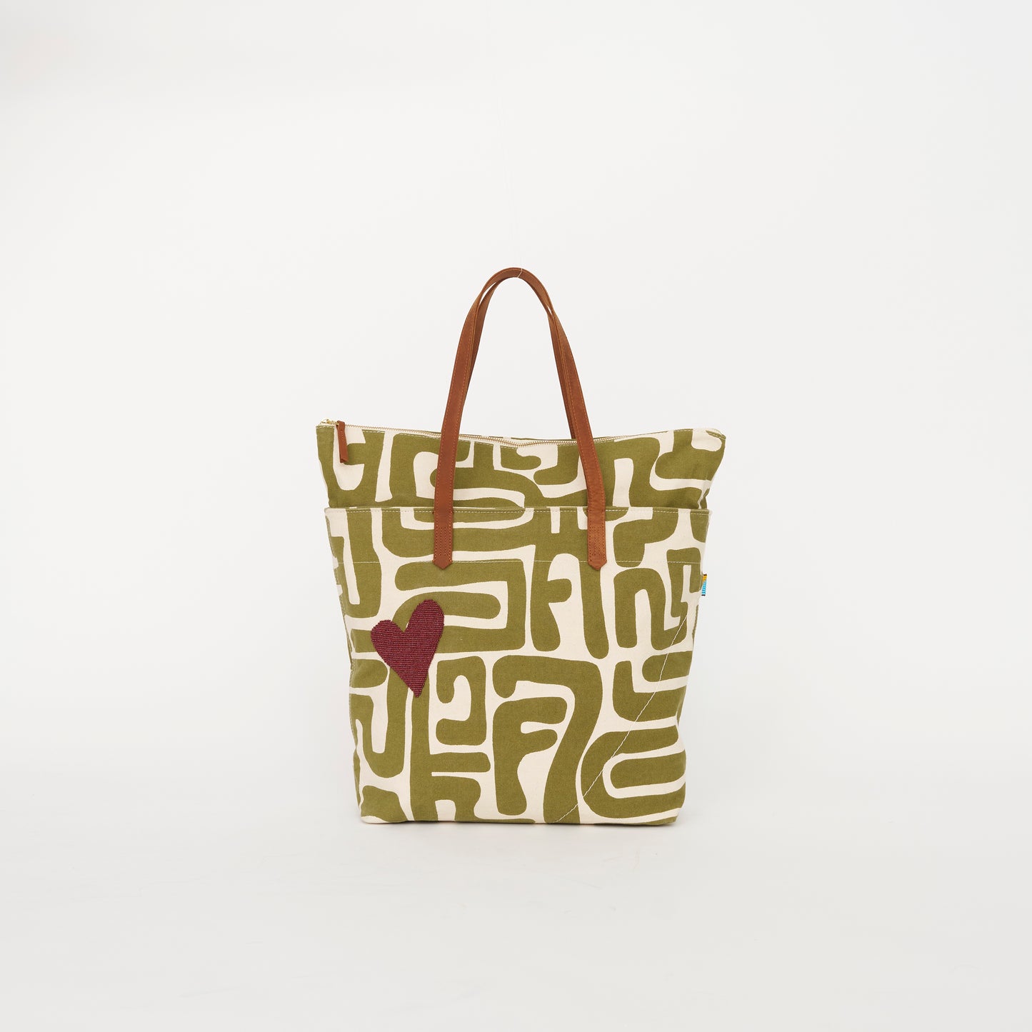 Go-To Tote - Moss Kuba with Brown Beaded Heart