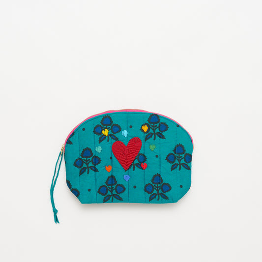 Kanga Pouch with Beaded Hearts - Teal Lotus