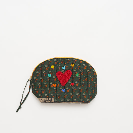Kanga Pouch with Beaded Hearts - Olive