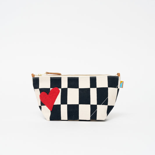 Large Convertible Pouch - Black Checker with Red Beaded Heart