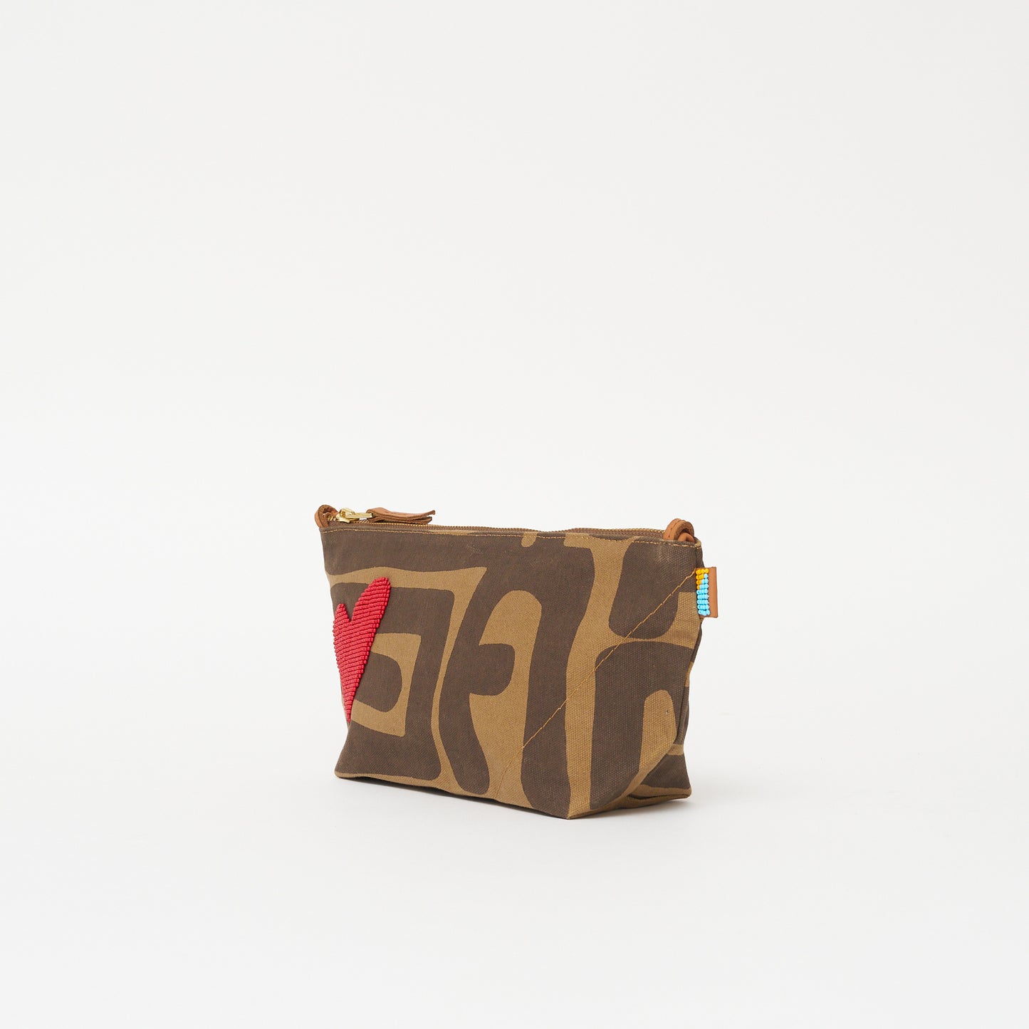 Large Convertible Pouch - Coffee Kuba with Red Beaded Heart