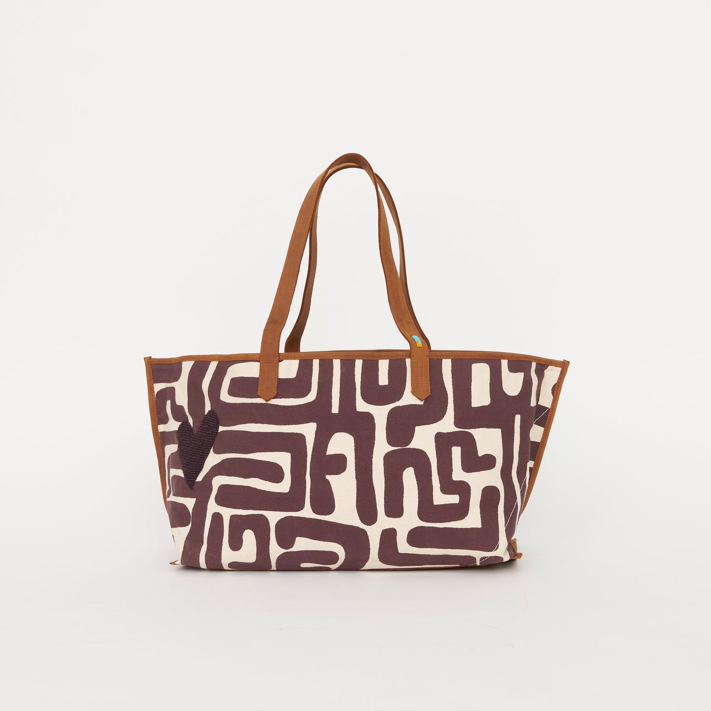 Shoulder Tote - Fig Kuba with Dark Purple Beaded Heart