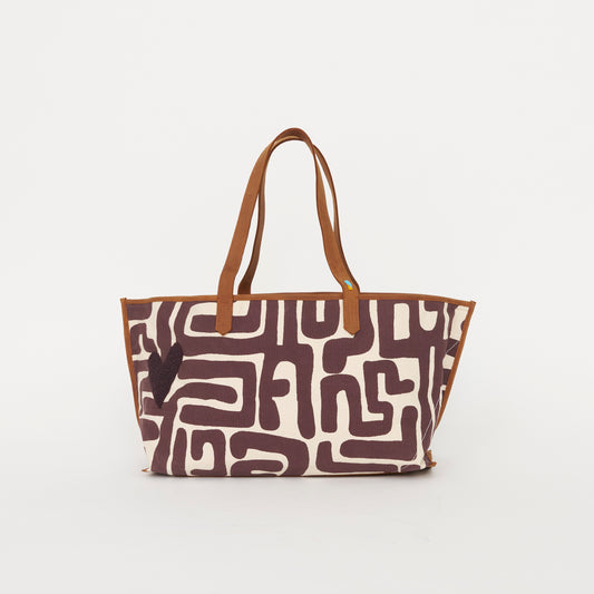 Shoulder Tote - Fig Kuba with Dark Purple Beaded Heart
