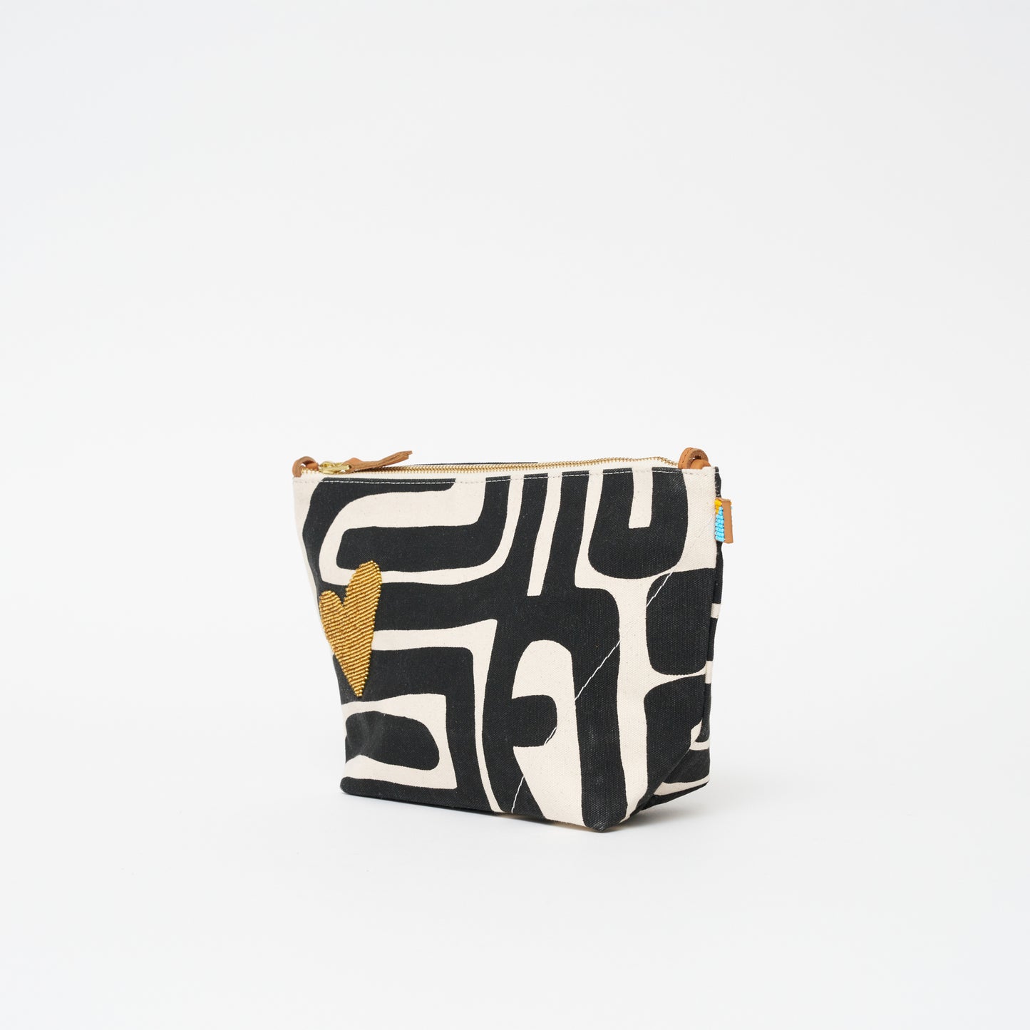 XLarge Convertible Pouch - Black Kuba with Beaded Gold Heart