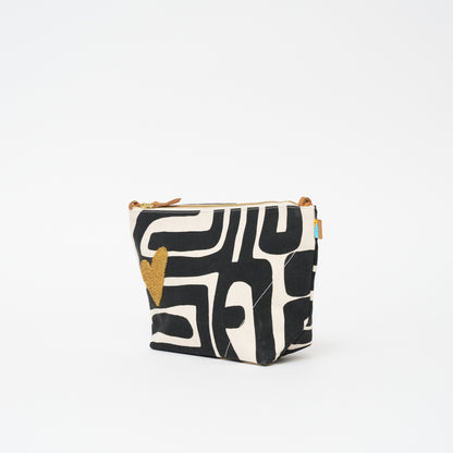 XLarge Convertible Pouch - Black Kuba with Beaded Gold Heart