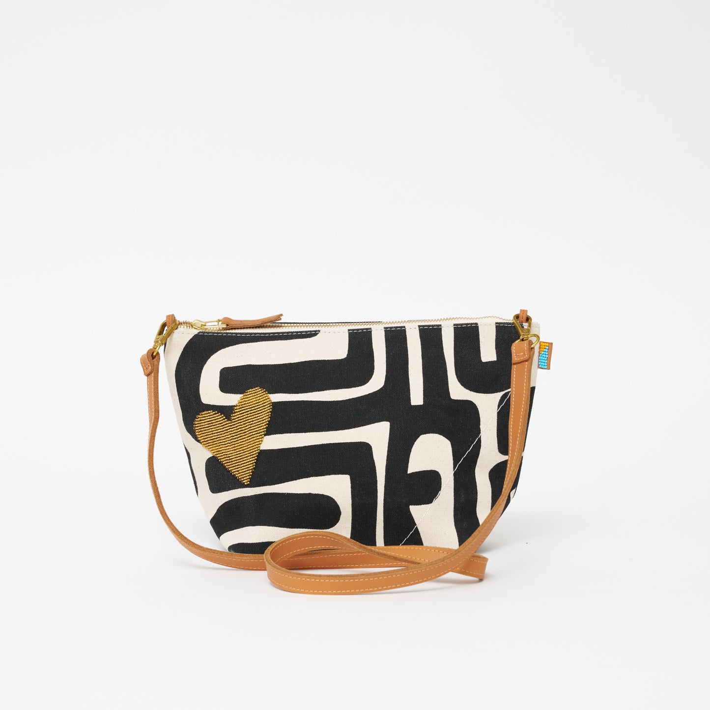 XLarge Convertible Pouch - Black Kuba with Beaded Gold Heart