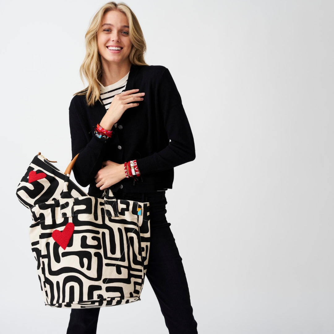 XLarge Convertible Pouch - Black Kuba with Beaded Red Heart