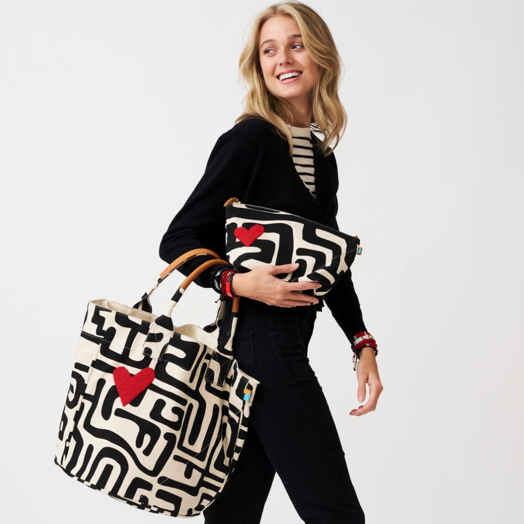 XLarge Convertible Pouch - Black Kuba with Beaded Red Heart