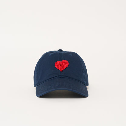 Beaded Hat - Navy Blue with Red Heart