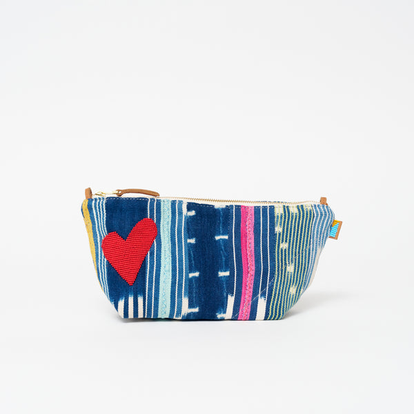 Large Convertible Pouch - Baule Cloth with Red Beaded Heart
