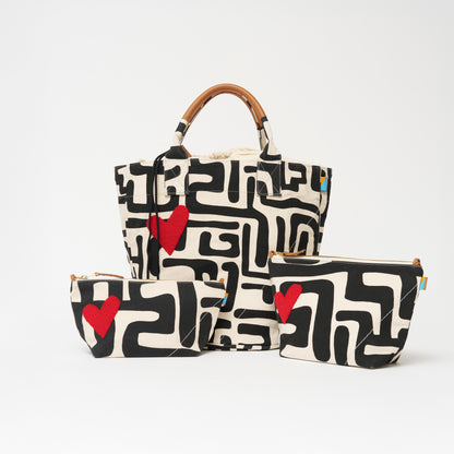 Weekender Bag - Black Kuba with Red Beaded Heart