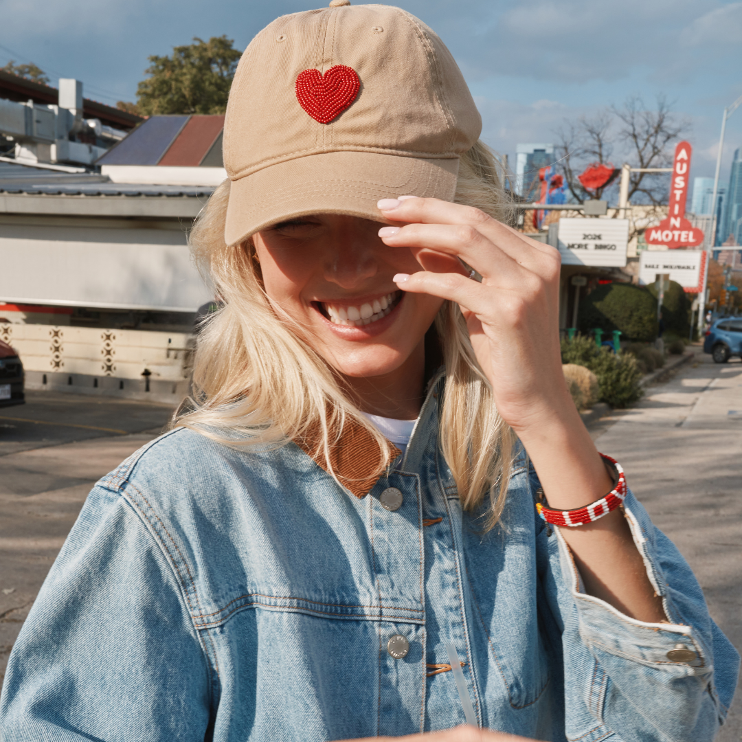 Beaded Hat - Khaki with Red Heart