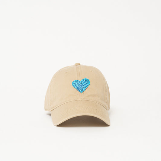 Beaded Hat - Khaki with Turquoise Heart