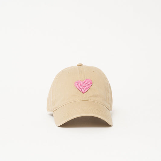 Beaded Hat - Khaki with Soft Pink Heart