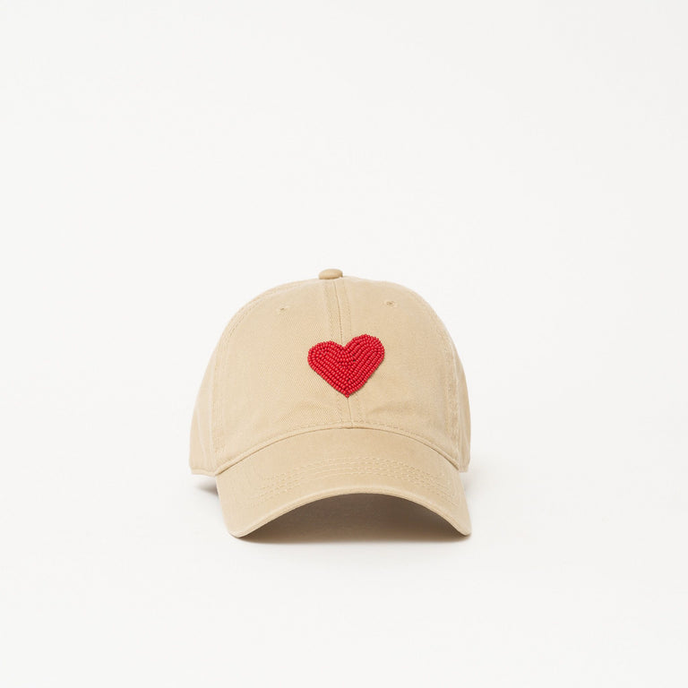 Beaded Hat - Khaki with Red Heart