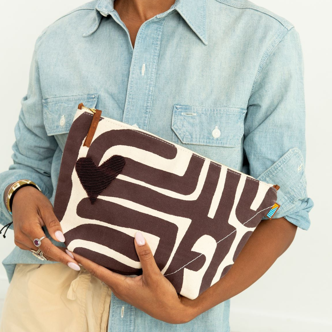 XLarge Convertible Pouch -  Fig Kuba with Dark Purple Beaded Heart