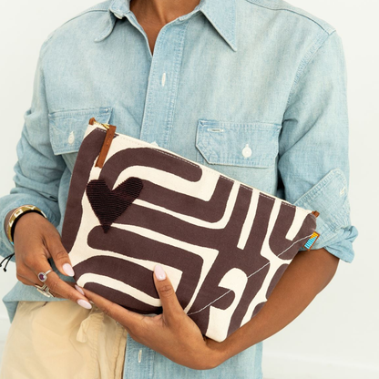 XLarge Convertible Pouch -  Fig Kuba with Dark Purple Beaded Heart