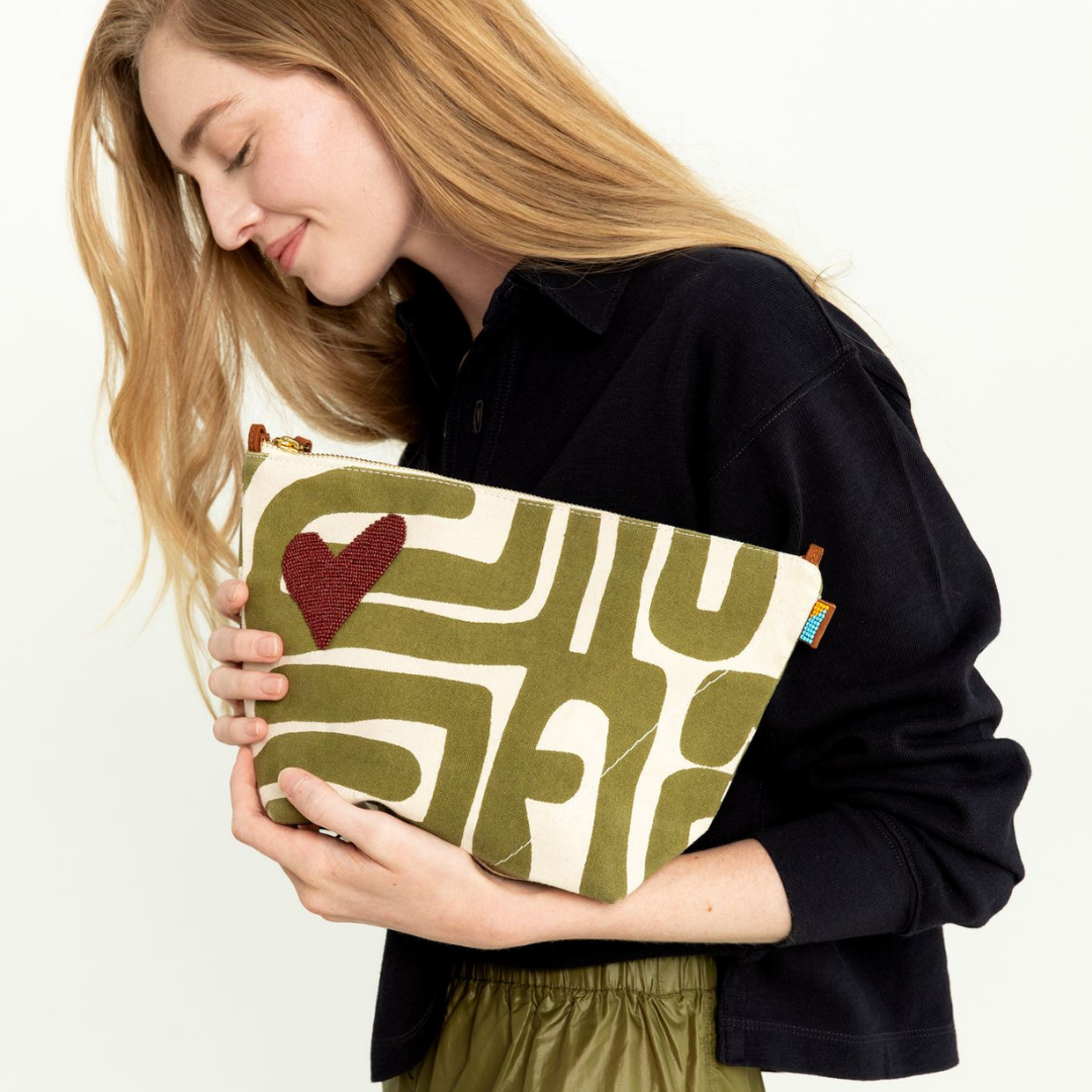 XLarge Convertible Pouch - Moss Kuba with Brown Beaded Heart