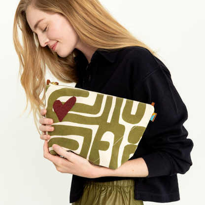 XLarge Convertible Pouch - Moss Kuba with Brown Beaded Heart