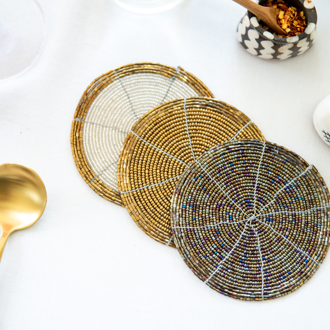 Beaded Coasters - White/Gold